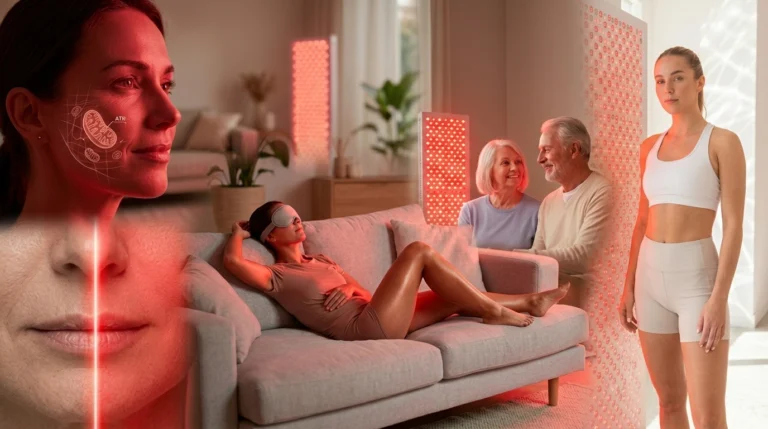 Persoon die ontspannen rood licht therapie toepast met een professioneel paneel